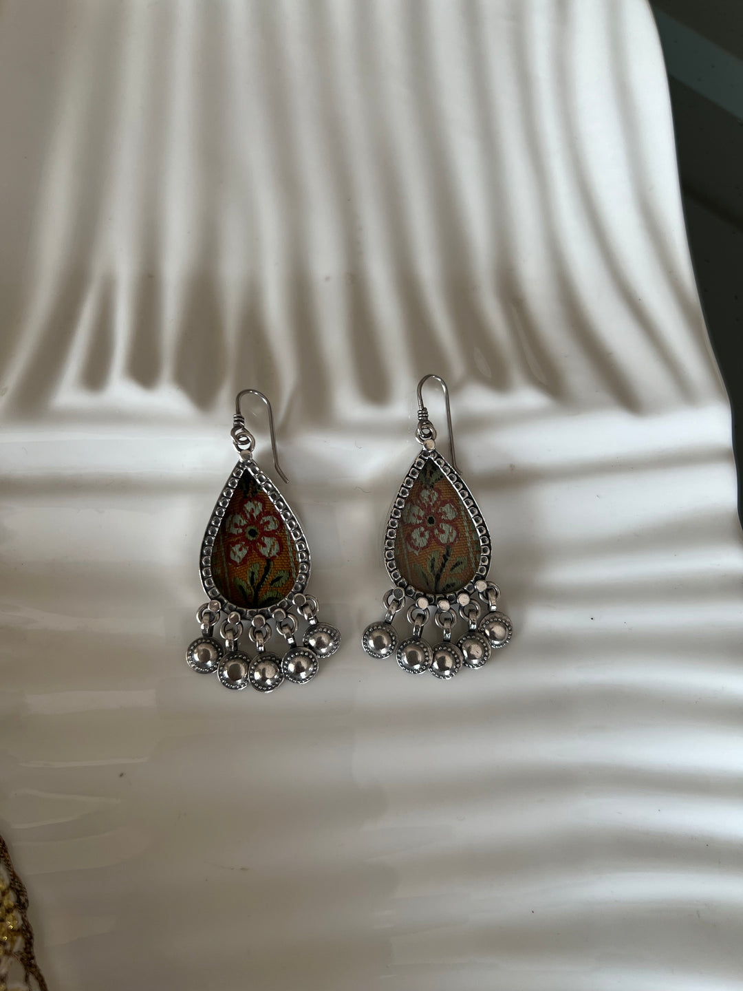 Beautiful Glass and Fabric 925 Silver Earrings