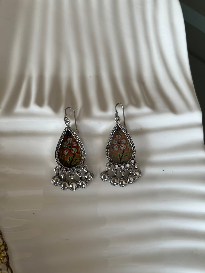 Beautiful Glass and Fabric 925 Silver Earrings