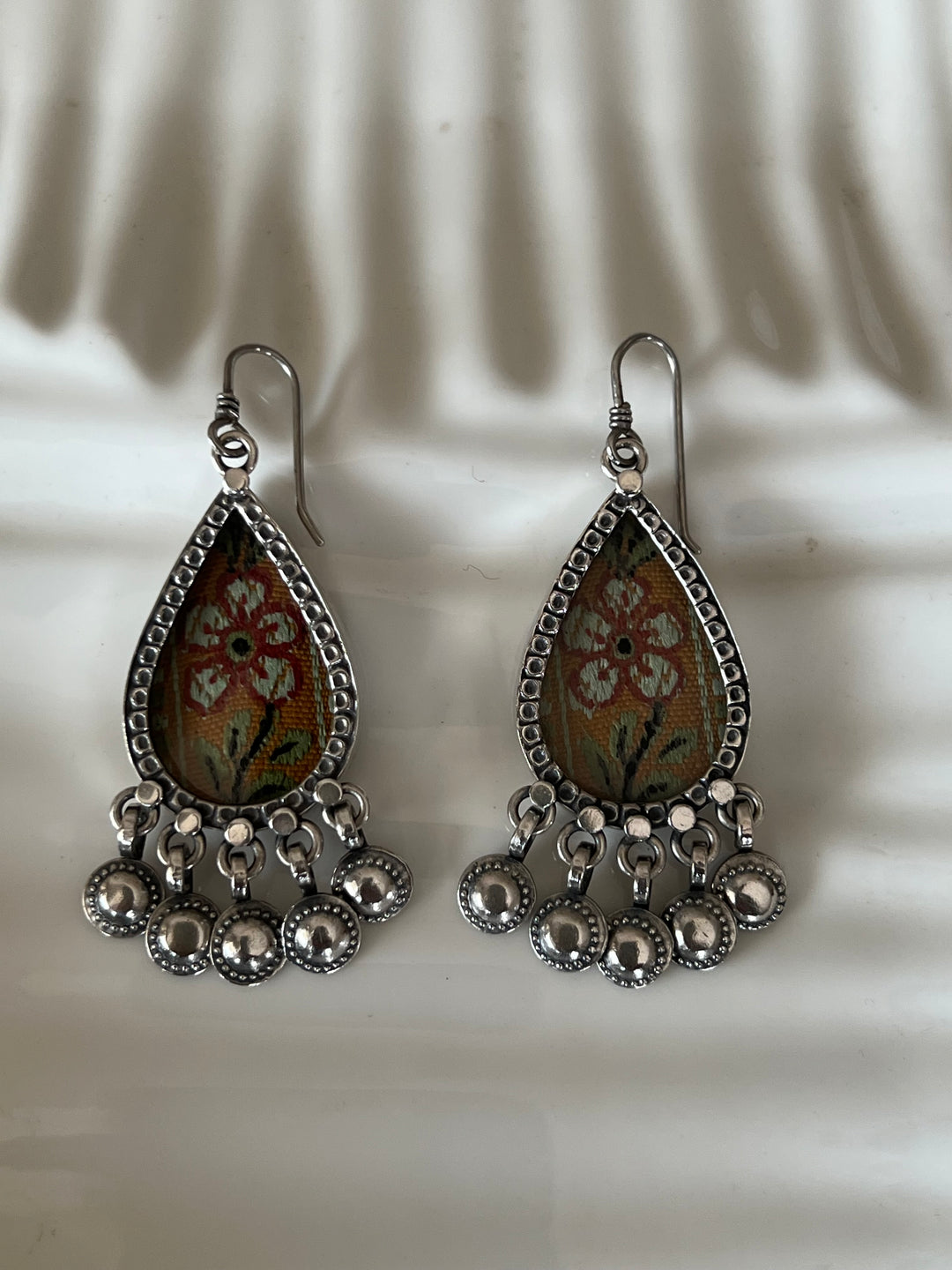 Beautiful Glass and Fabric 925 Silver Earrings