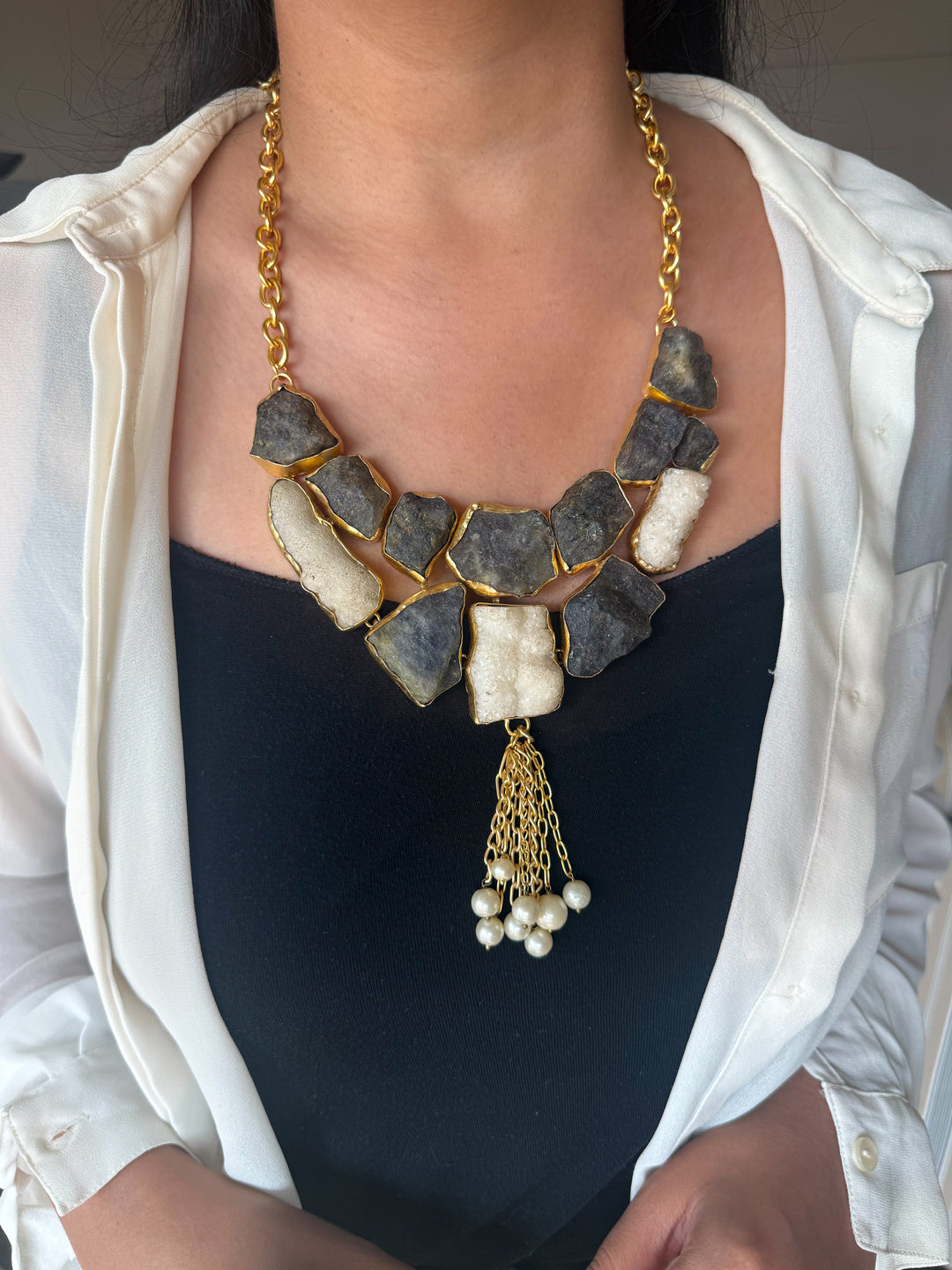 Handmade Raw Quartz & Pearl Necklace | Gold Polish Brass Adjustable Statement Jewelry