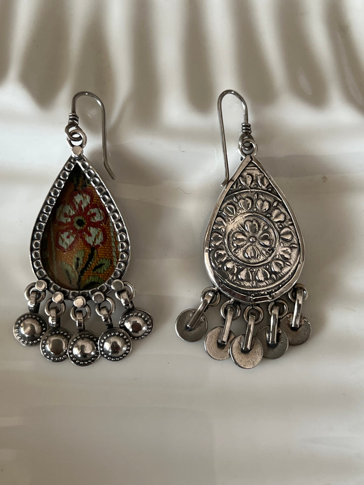 Beautiful Glass and Fabric 925 Silver Earrings