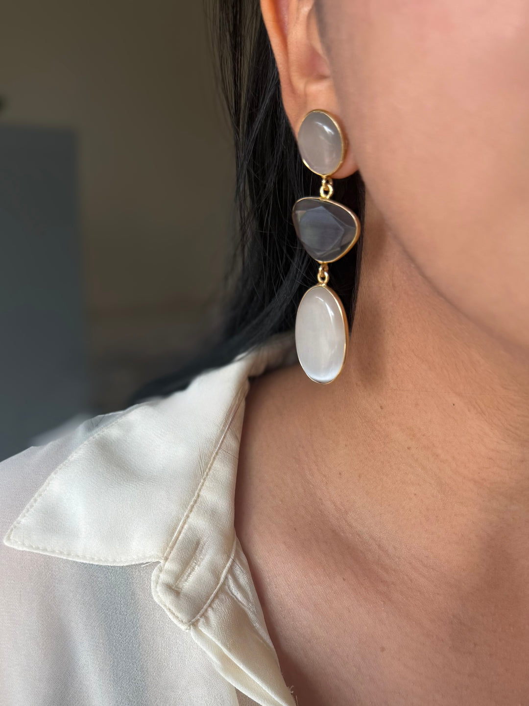 Handmade Raw Stone 3 Tier Earrings | Gold Polish Brass Push Back Statement Earrings