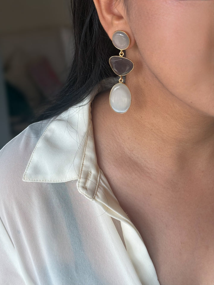 Handmade Raw Stone 3 Tier Earrings | Gold Polish Brass Push Back Statement Earrings