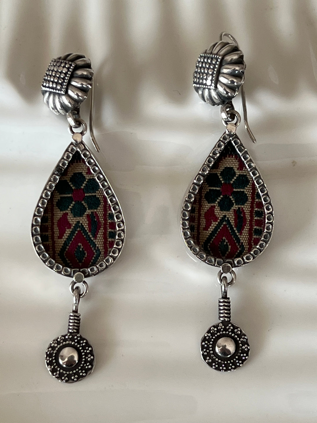 Beautiful Glass and Fabric 925 Silver Earrings