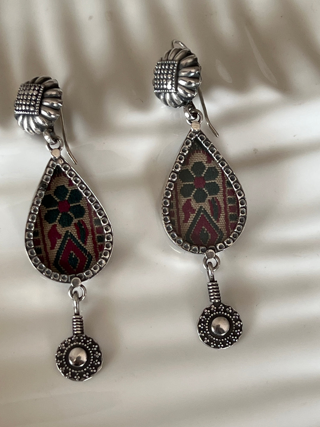 Beautiful Glass and Fabric 925 Silver Earrings