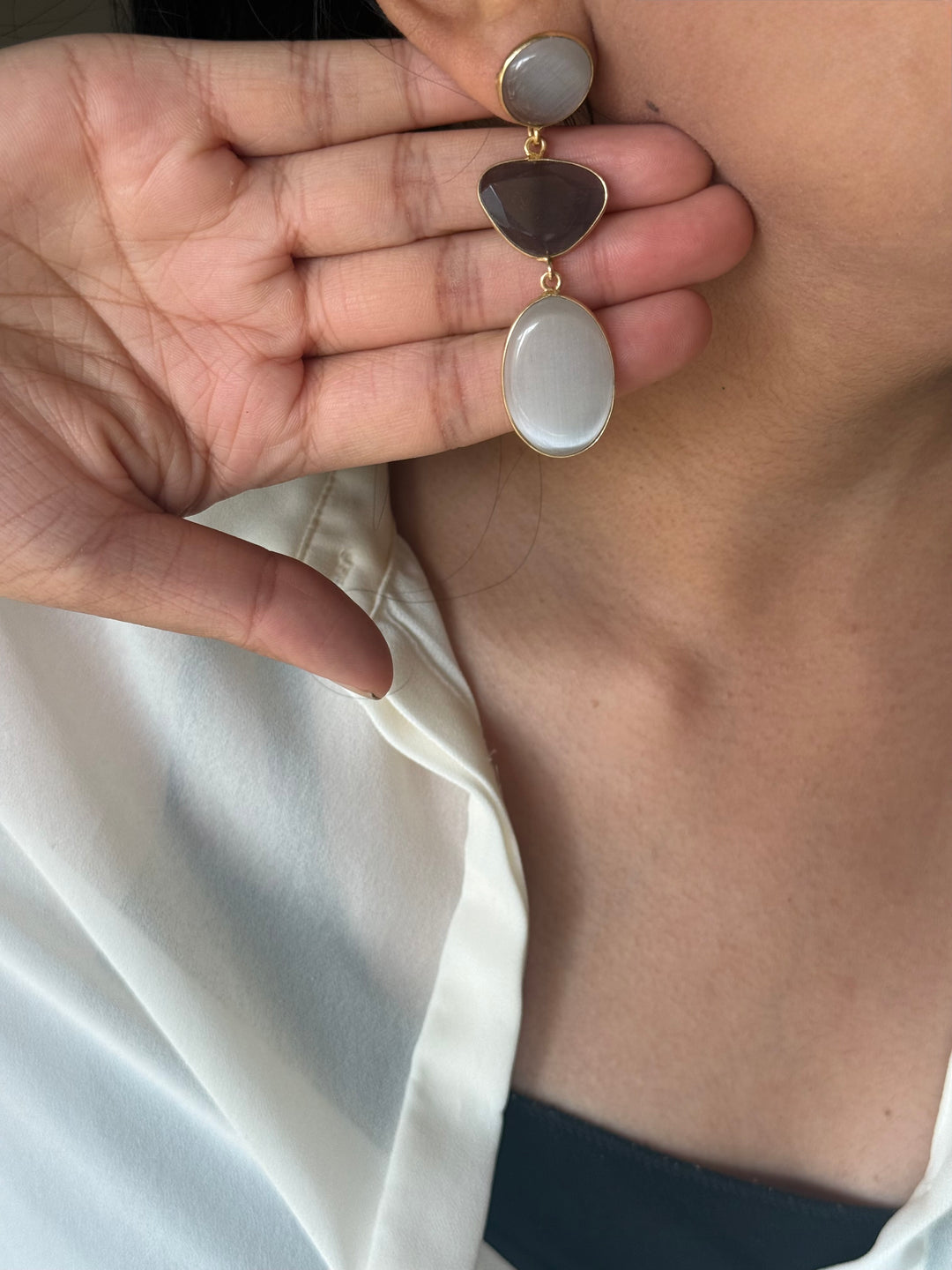 Handmade Raw Stone 3 Tier Earrings | Gold Polish Brass Push Back Statement Earrings