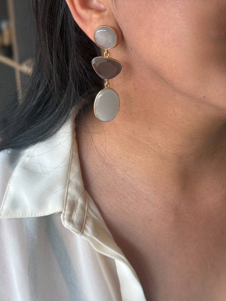 Handmade Raw Stone 3 Tier Earrings | Gold Polish Brass Push Back Statement Earrings
