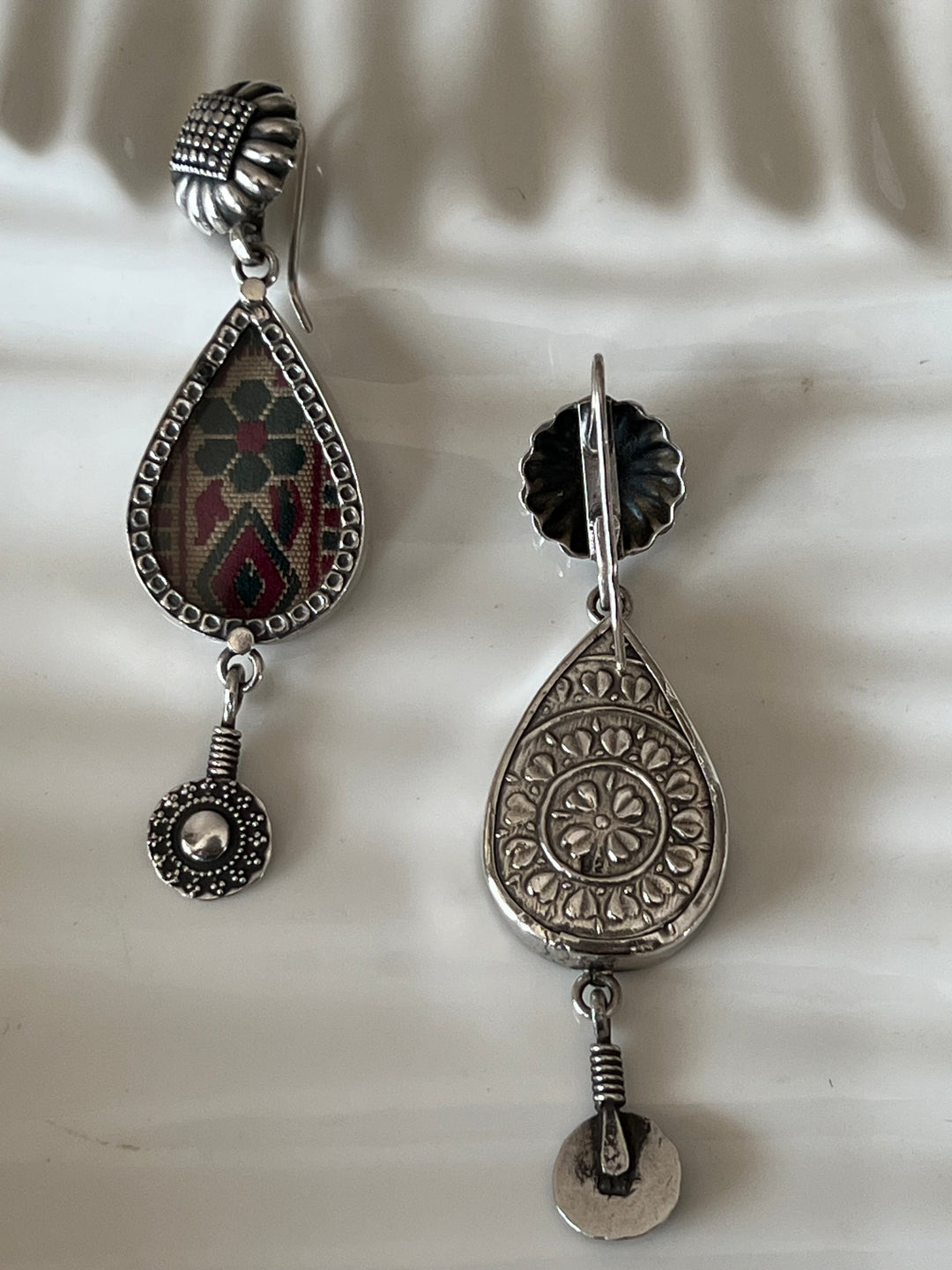 Beautiful Glass and Fabric 925 Silver Earrings