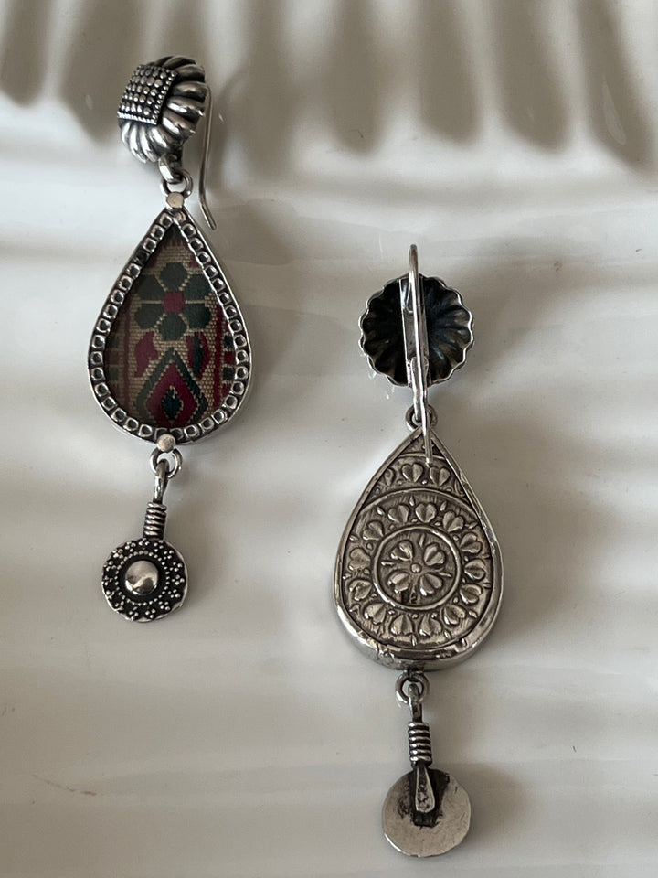 Beautiful Glass and Fabric 925 Silver Earrings