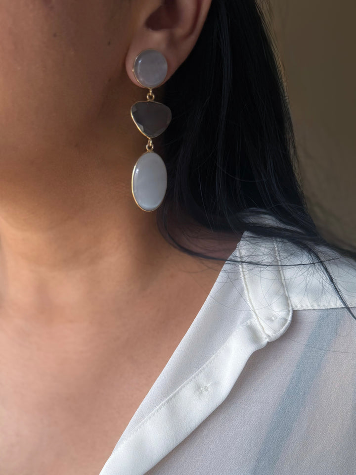 Handmade Raw Stone 3 Tier Earrings | Gold Polish Brass Push Back Statement Earrings