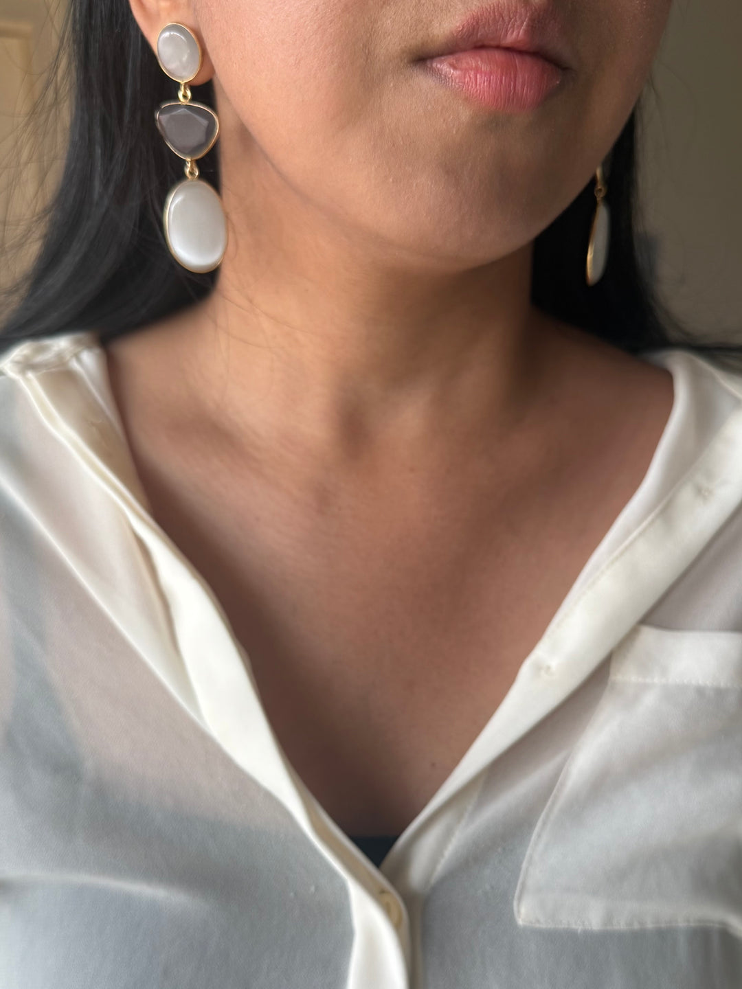 Handmade Raw Stone 3 Tier Earrings | Gold Polish Brass Push Back Statement Earrings