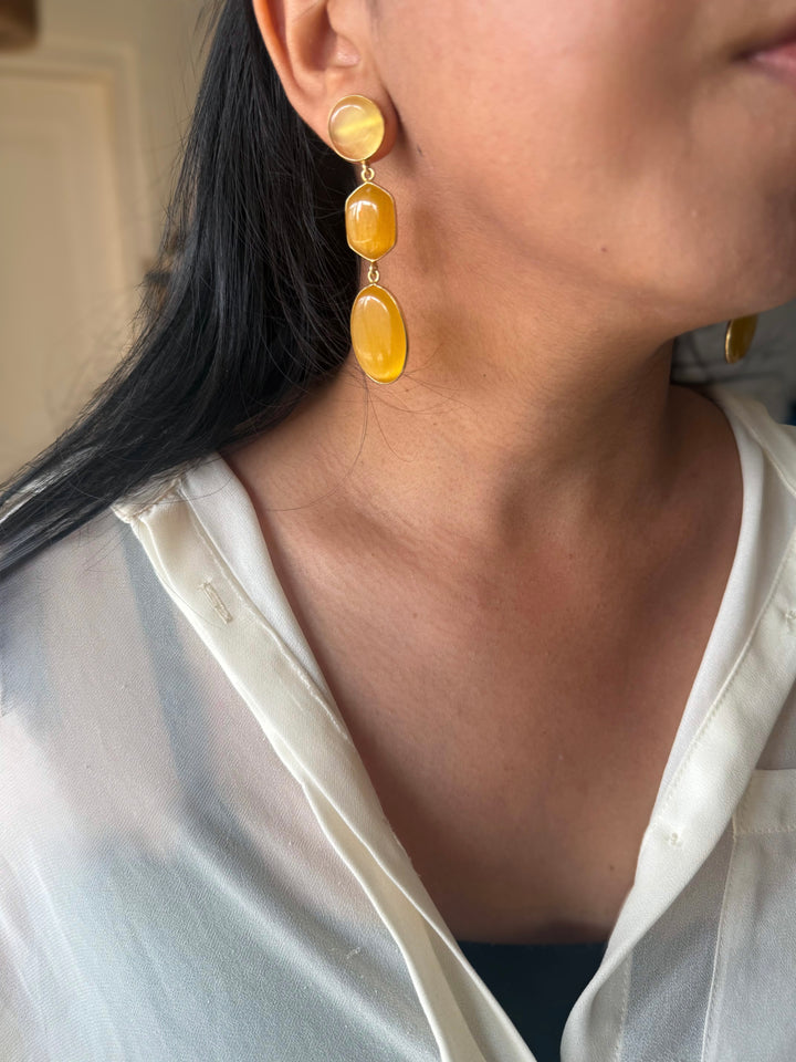 Handmade Raw Stone 3 Tier Earrings | Gold Polish Brass Push Back Statement Earrings