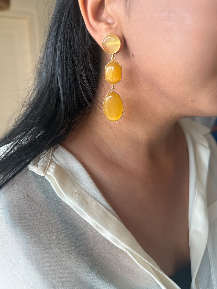 Handmade Raw Stone 3 Tier Earrings | Gold Polish Brass Push Back Statement Earrings