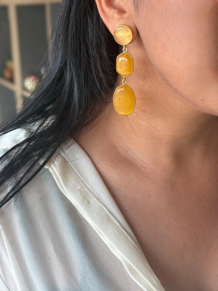 Handmade Raw Stone 3 Tier Earrings | Gold Polish Brass Push Back Statement Earrings