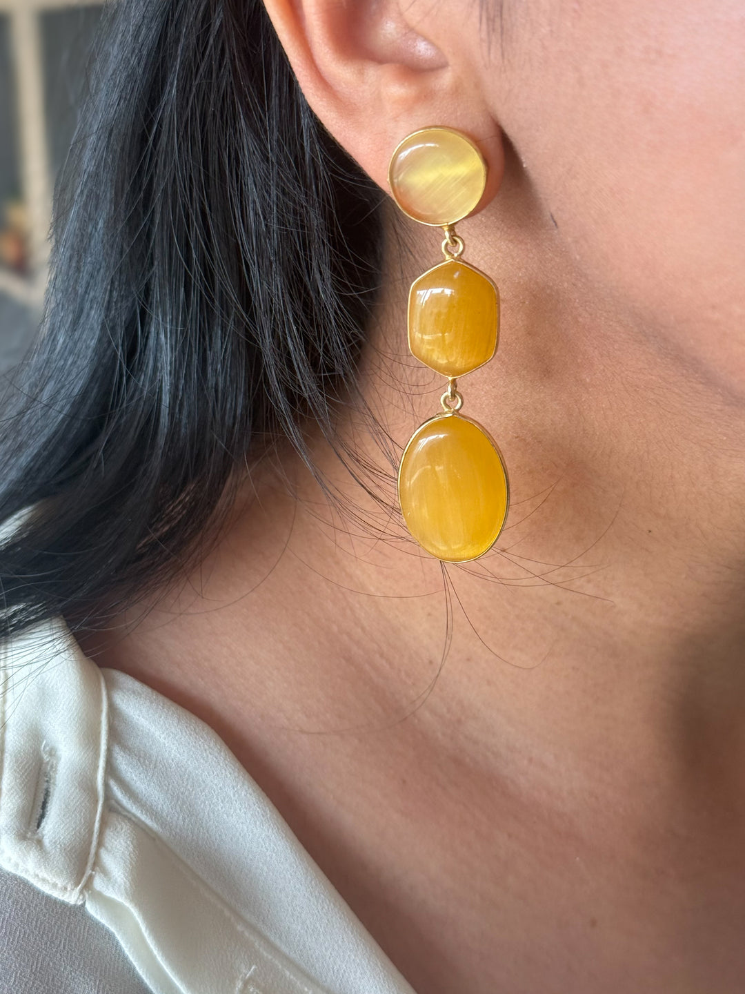 Handmade Raw Stone 3 Tier Earrings | Gold Polish Brass Push Back Statement Earrings