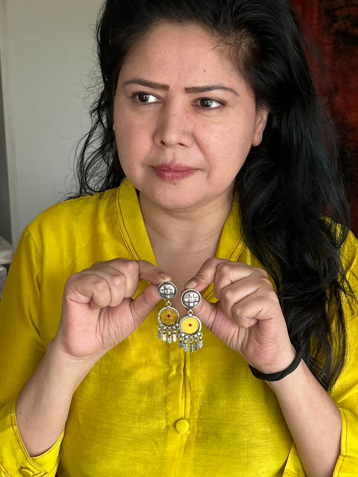 Beautiful Glass and Fabric 925 Silver Earrings