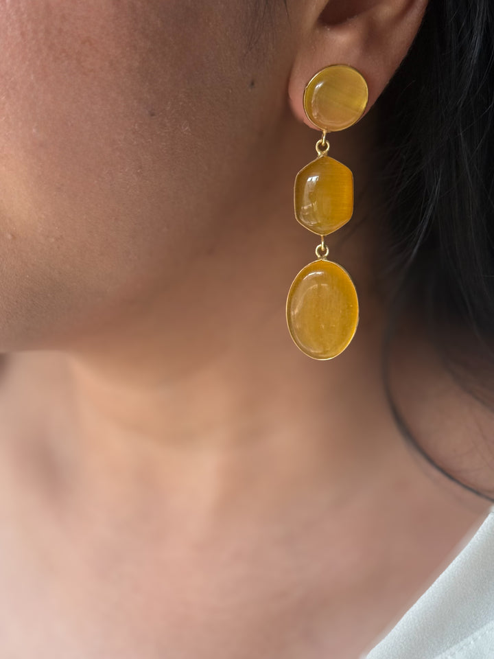 Handmade Raw Stone 3 Tier Earrings | Gold Polish Brass Push Back Statement Earrings