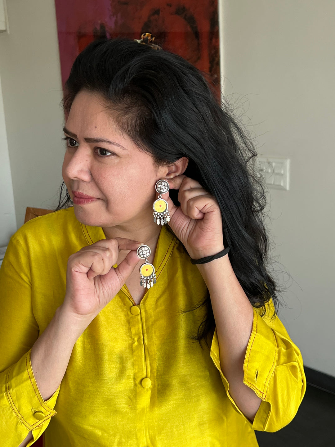 Beautiful Glass and Fabric 925 Silver Earrings