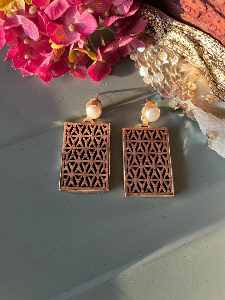 Carved Wood Pearl Earrings