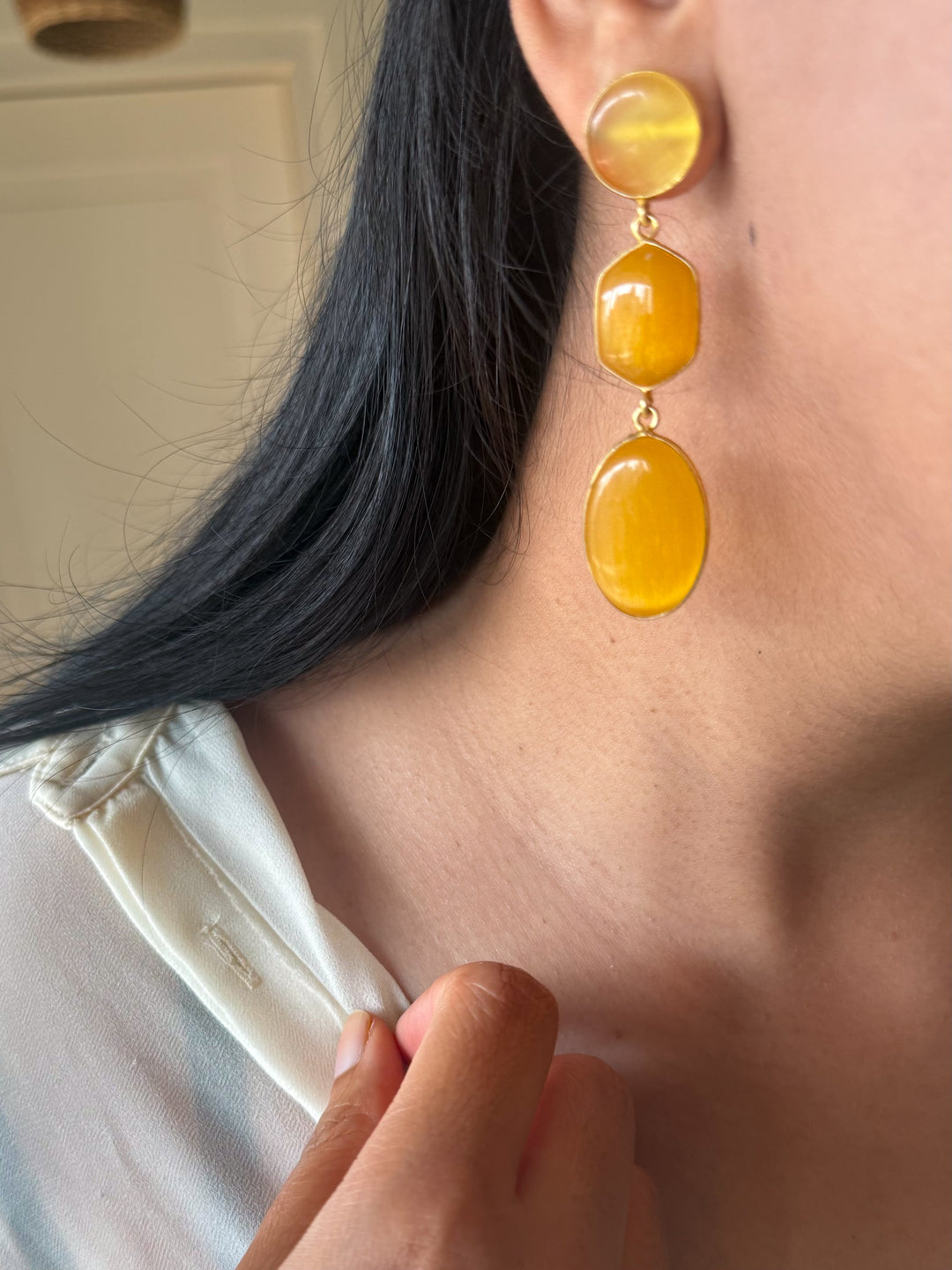 Handmade Raw Stone 3 Tier Earrings | Gold Polish Brass Push Back Statement Earrings