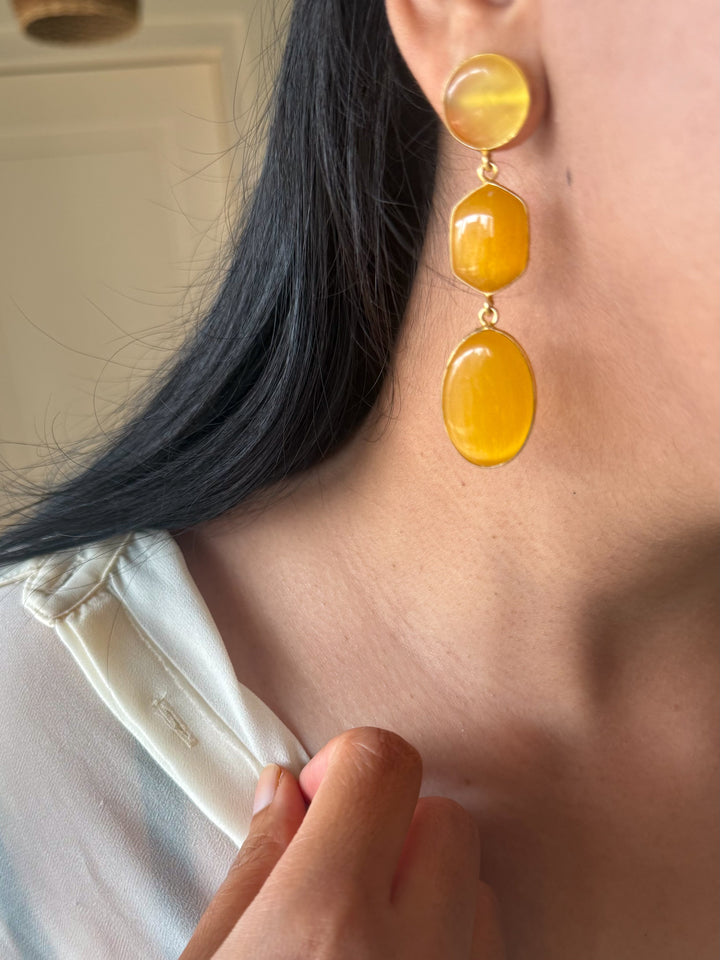 Handmade Raw Stone 3 Tier Earrings | Gold Polish Brass Push Back Statement Earrings
