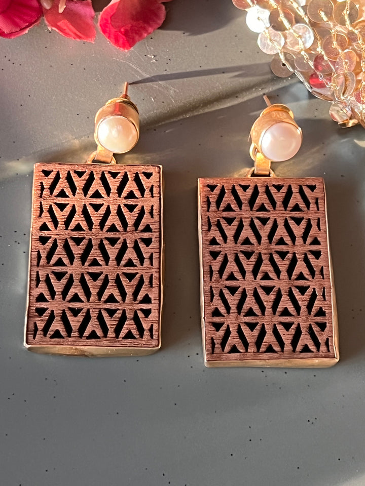 Carved Wood Pearl Earrings