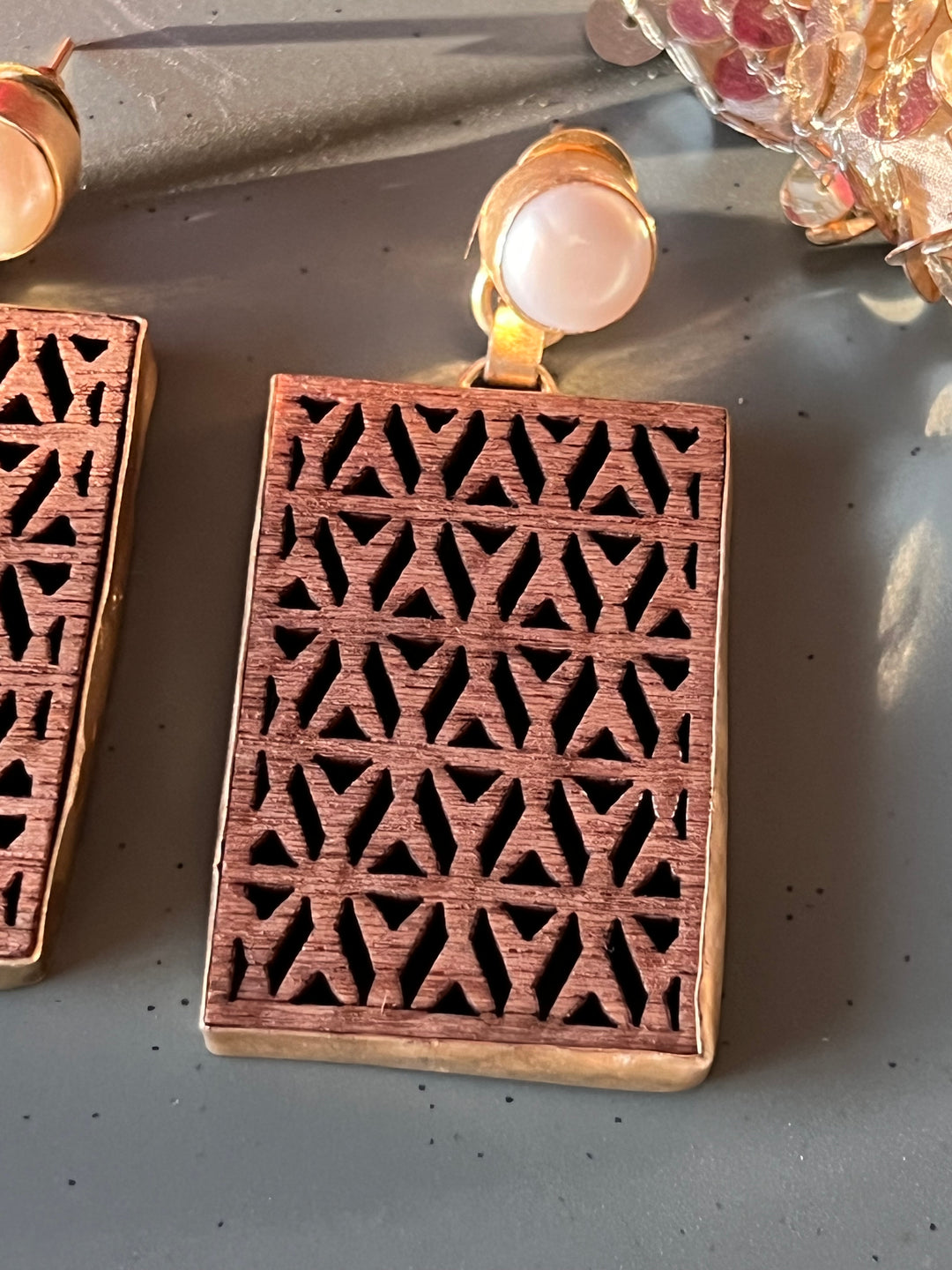 Carved Wood Pearl Earrings