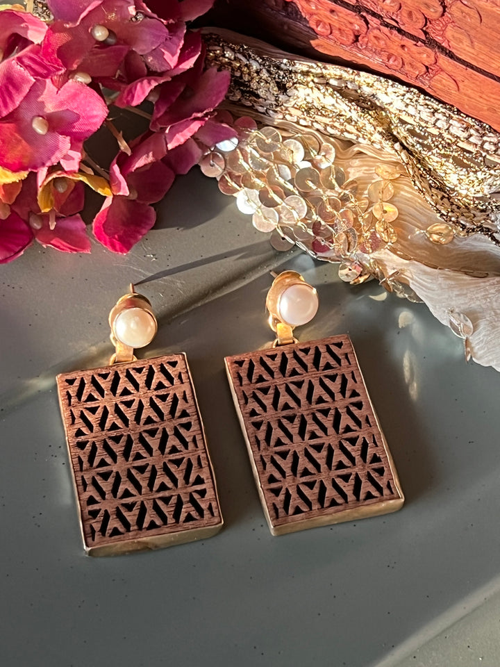 Carved Wood Pearl Earrings