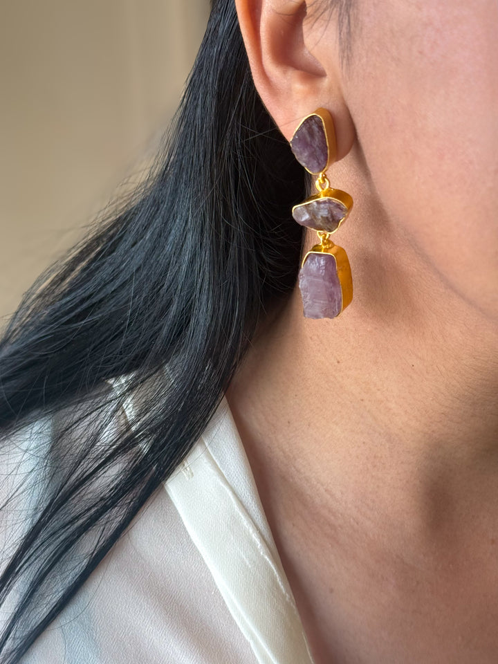 Handmade Raw Amethyst Stone 3 Tier Earrings | Gold Polish Brass Push Back Statement Earrings