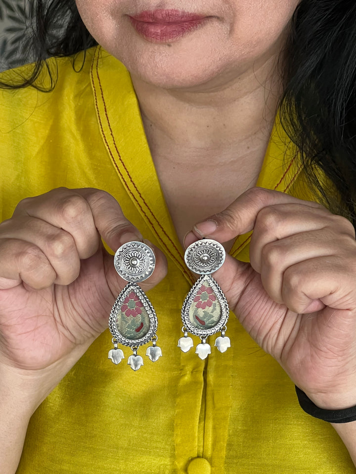 Beautiful Glass and Fabric 925 Silver Earrings