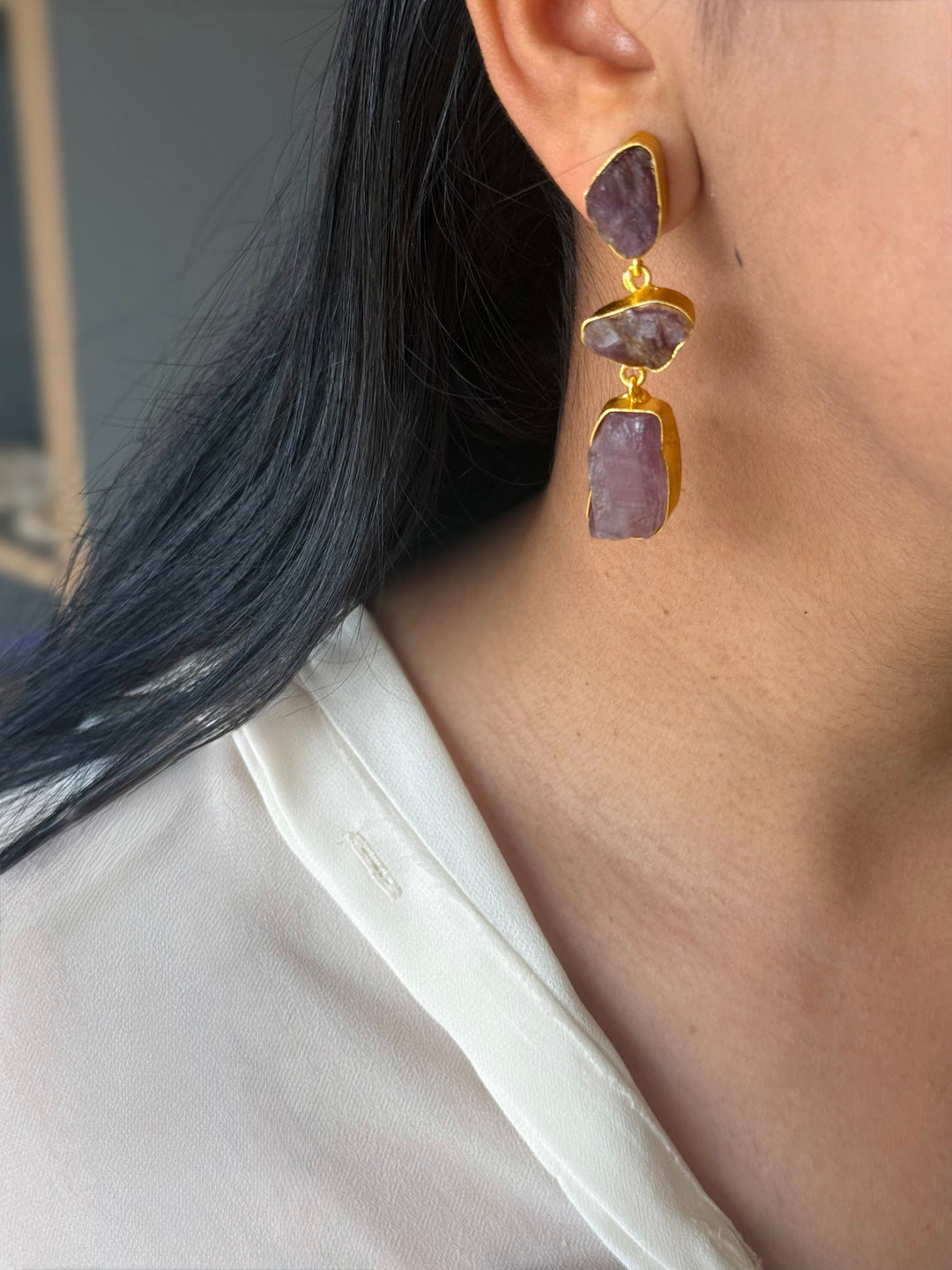 Handmade Raw Amethyst Stone 3 Tier Earrings | Gold Polish Brass Push Back Statement Earrings