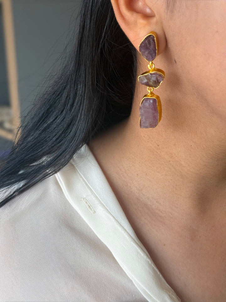 Handmade Raw Amethyst Stone 3 Tier Earrings | Gold Polish Brass Push Back Statement Earrings