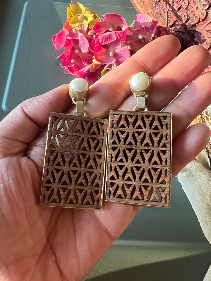 Carved Wood Pearl Earrings