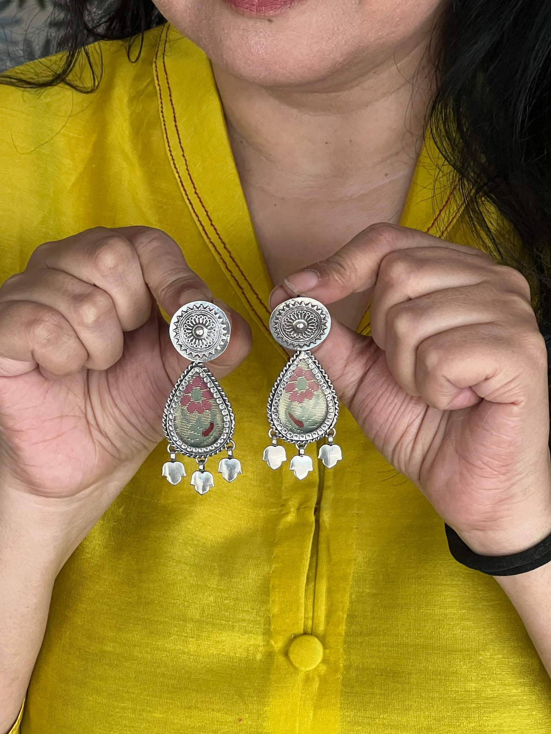 Beautiful Glass and Fabric 925 Silver Earrings