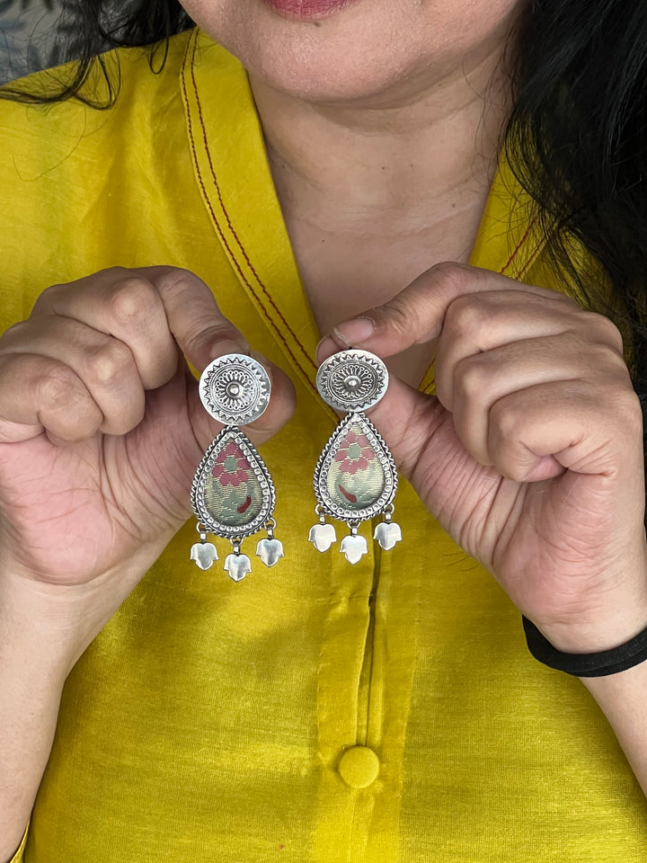 Beautiful Glass and Fabric 925 Silver Earrings