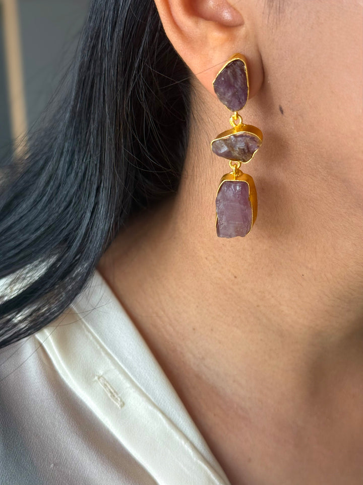 Handmade Raw Amethyst Stone 3 Tier Earrings | Gold Polish Brass Push Back Statement Earrings