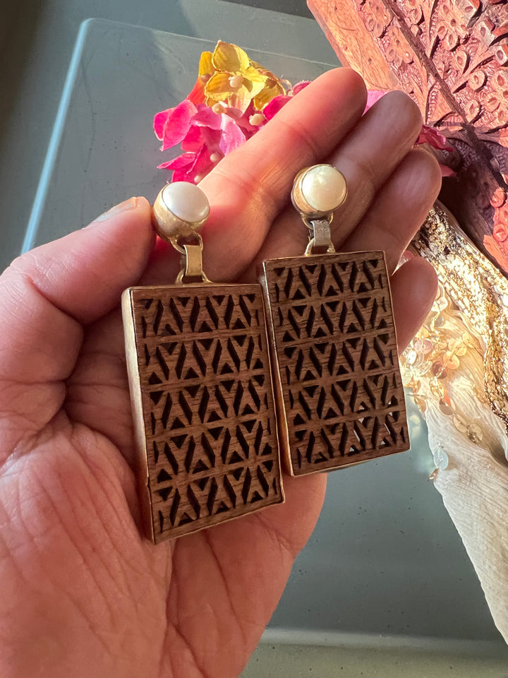 Carved Wood Pearl Earrings