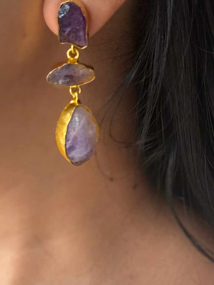 Handmade Raw Amethyst Stone 3 Tier Earrings | Gold Polish Brass Push Back Statement Earrings