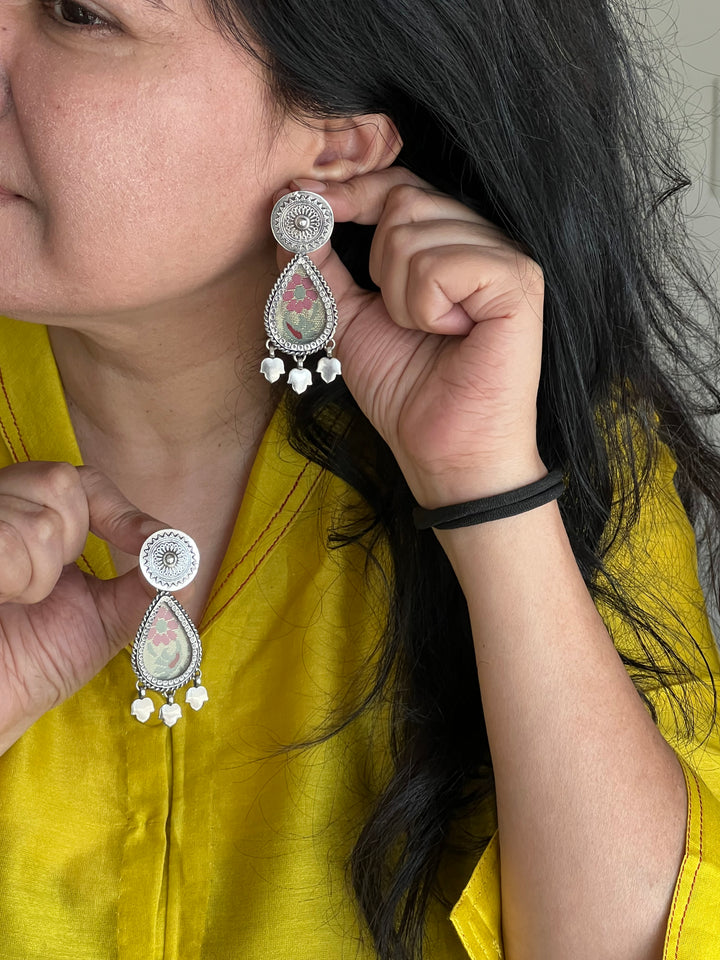 Beautiful Glass and Fabric 925 Silver Earrings