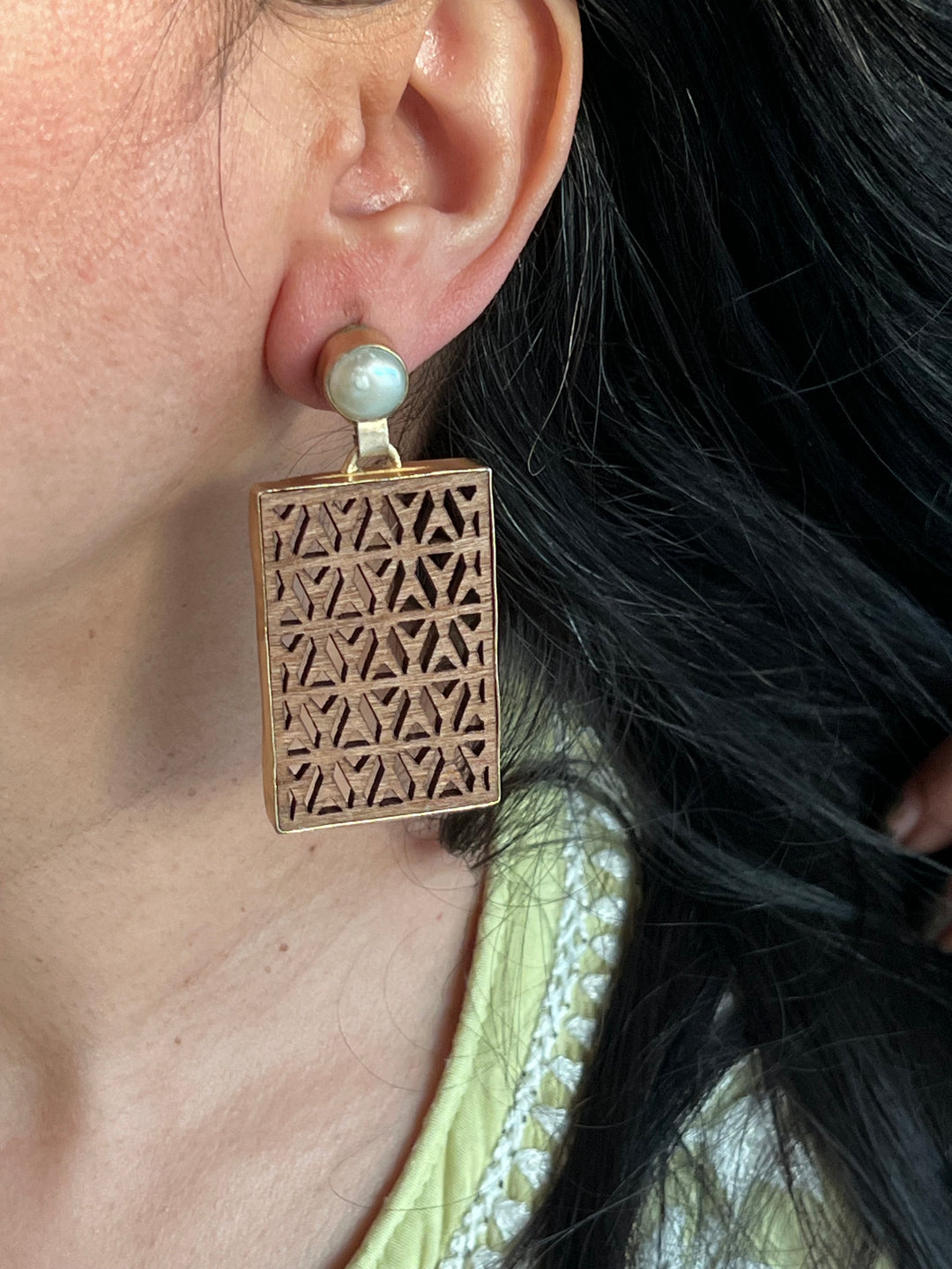 Carved Wood Pearl Earrings