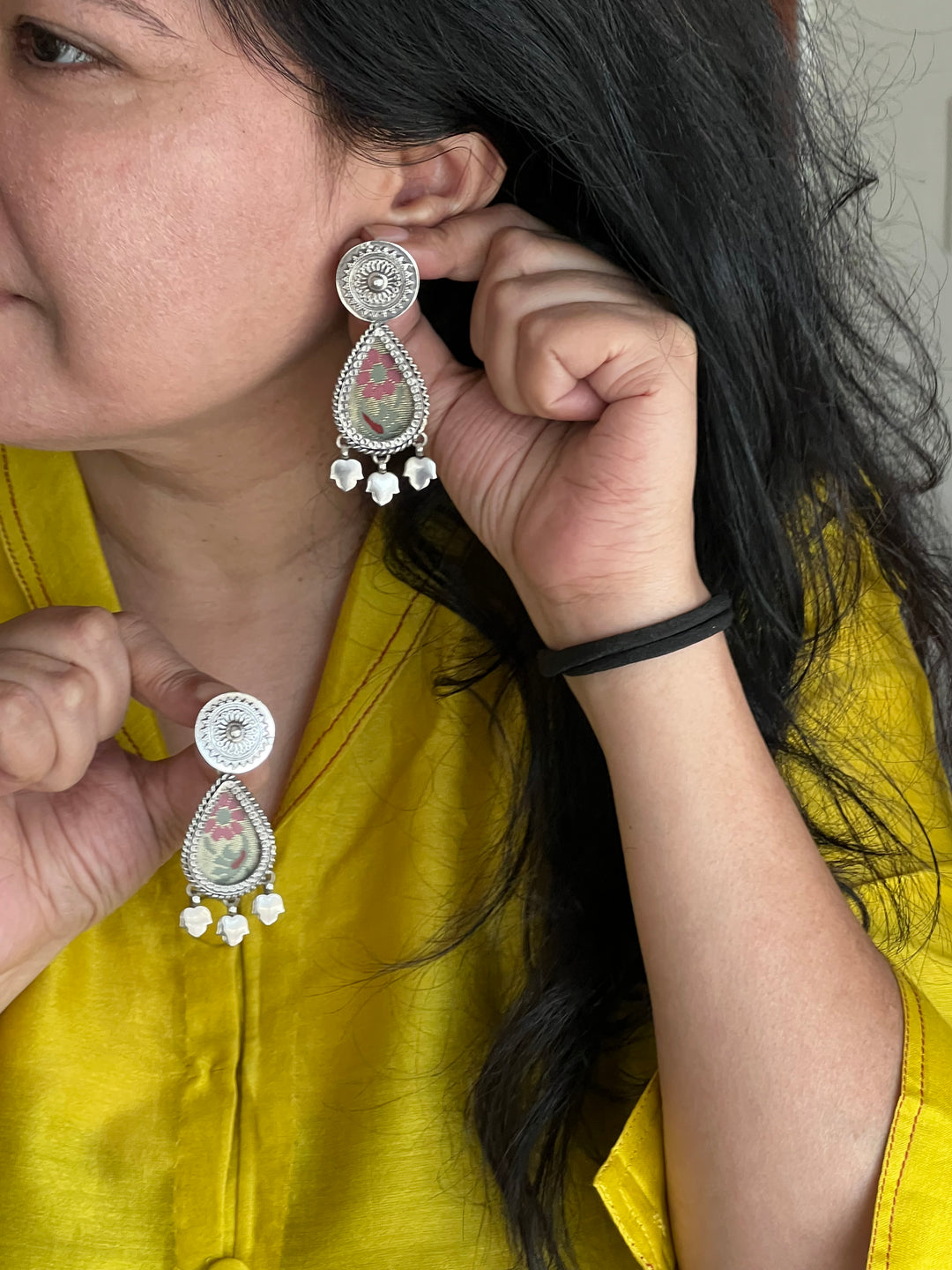 Beautiful Glass and Fabric 925 Silver Earrings