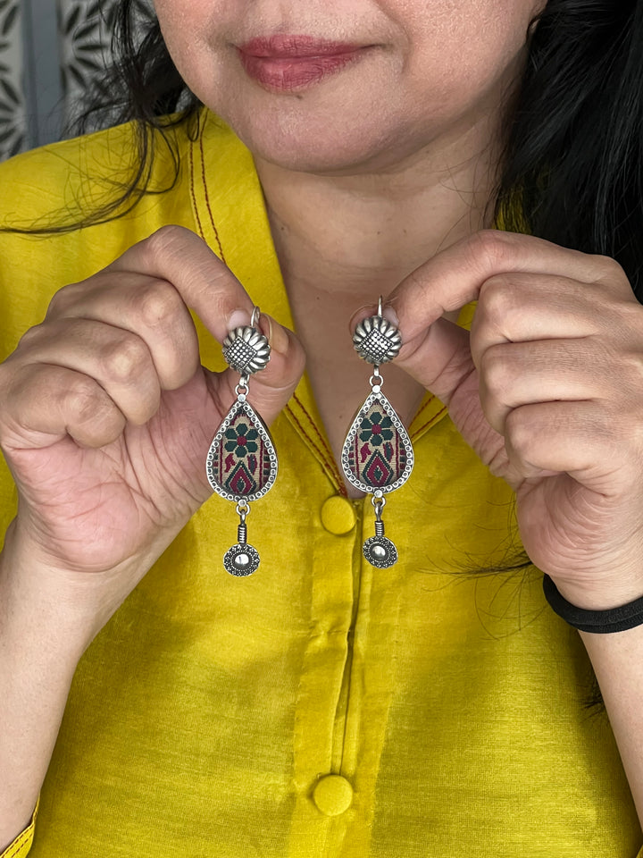 Beautiful Glass and Fabric 925 Silver Earrings