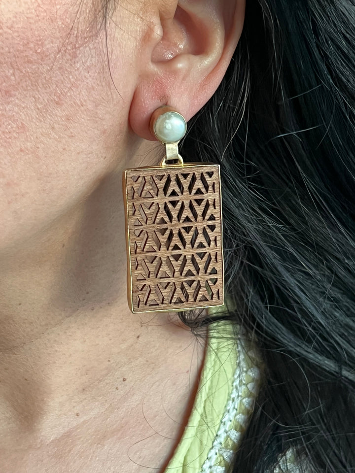 Carved Wood Pearl Earrings