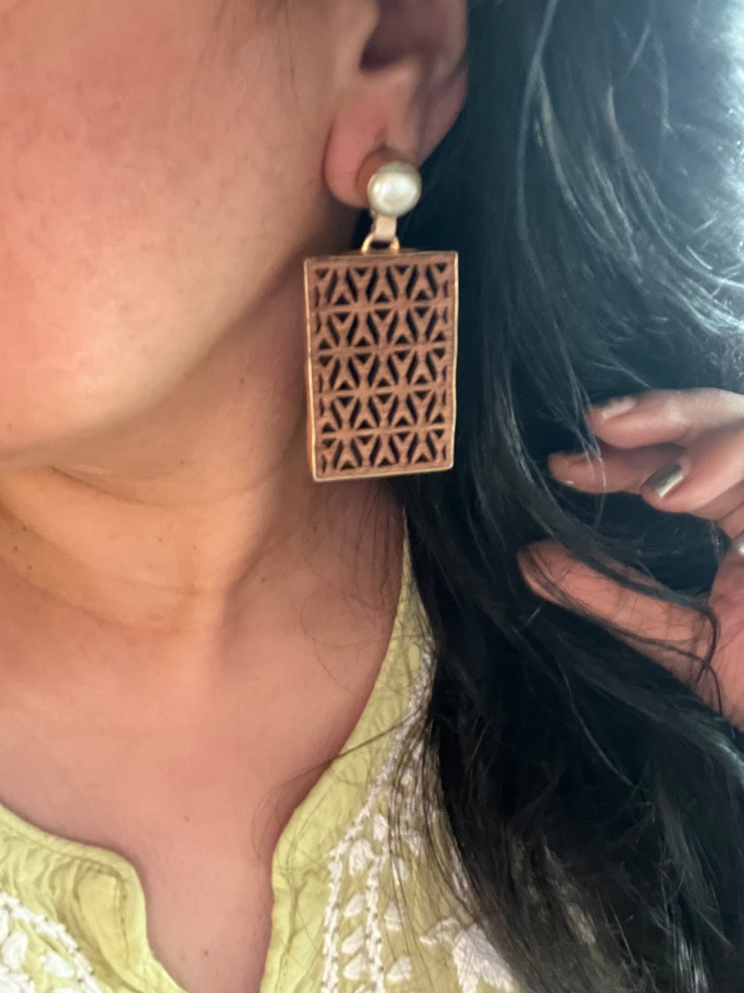 Carved Wood Pearl Earrings