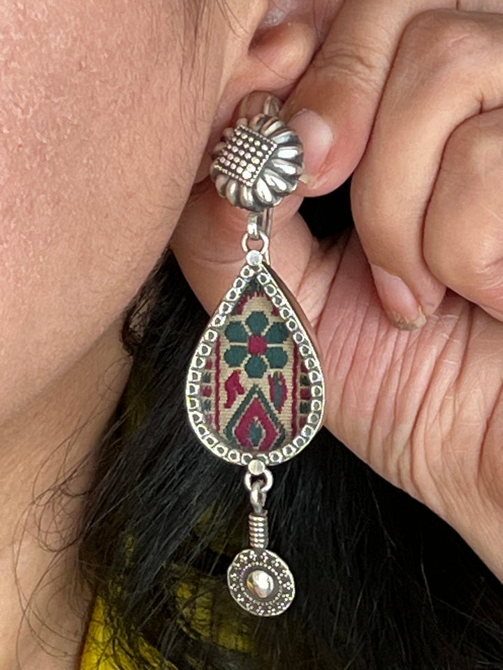 Beautiful Glass and Fabric 925 Silver Earrings