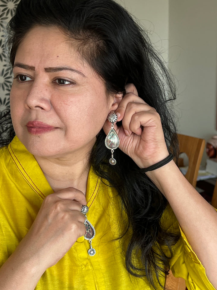 Beautiful Glass and Fabric 925 Silver Earrings