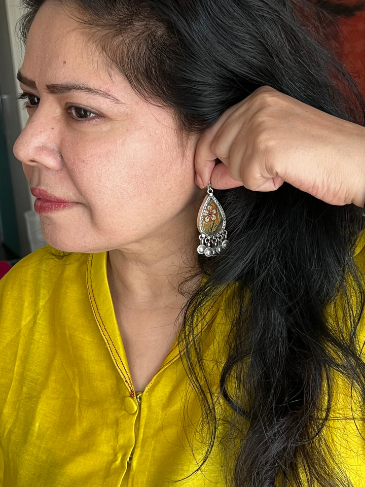 Beautiful Glass and Fabric 925 Silver Earrings