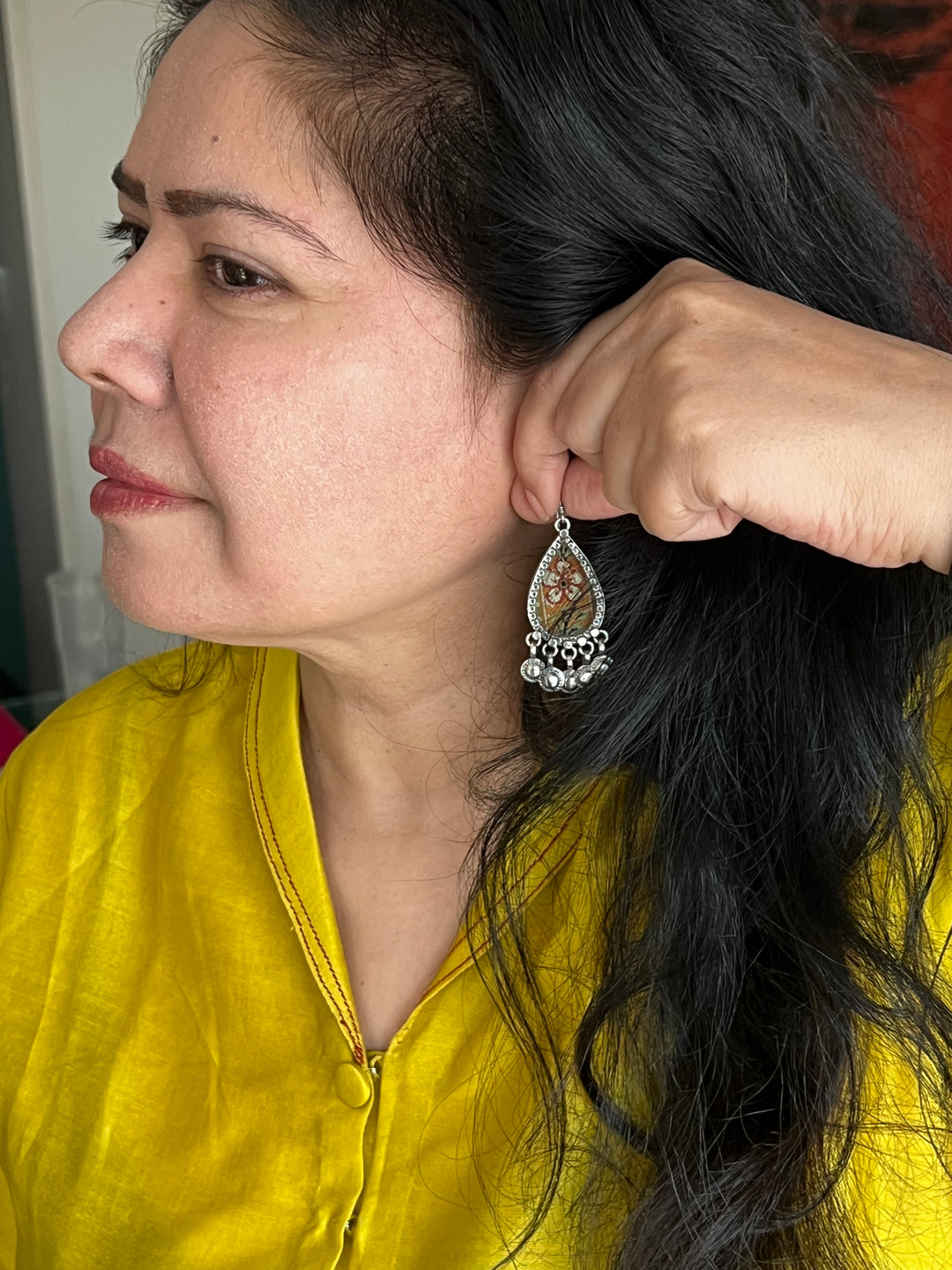 Beautiful Glass and Fabric 925 Silver Earrings