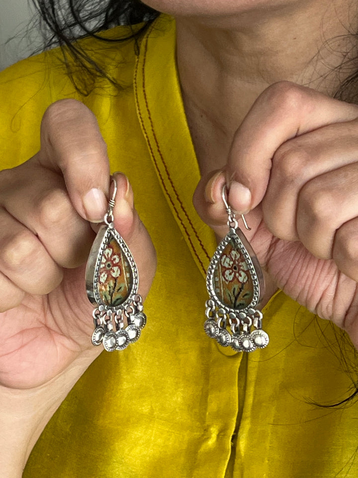 Beautiful Glass and Fabric 925 Silver Earrings