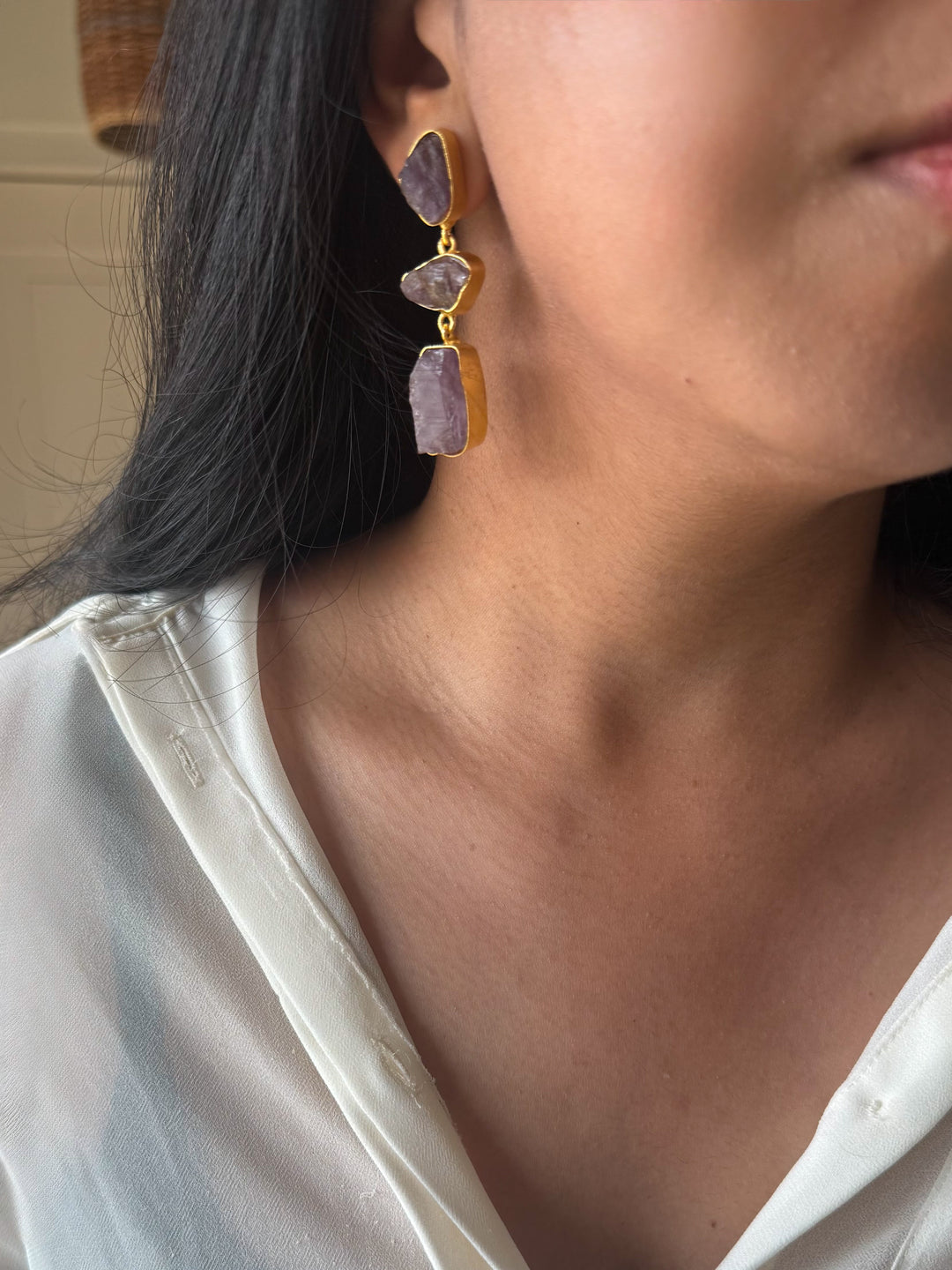 Handmade Raw Amethyst Stone 3 Tier Earrings | Gold Polish Brass Push Back Statement Earrings